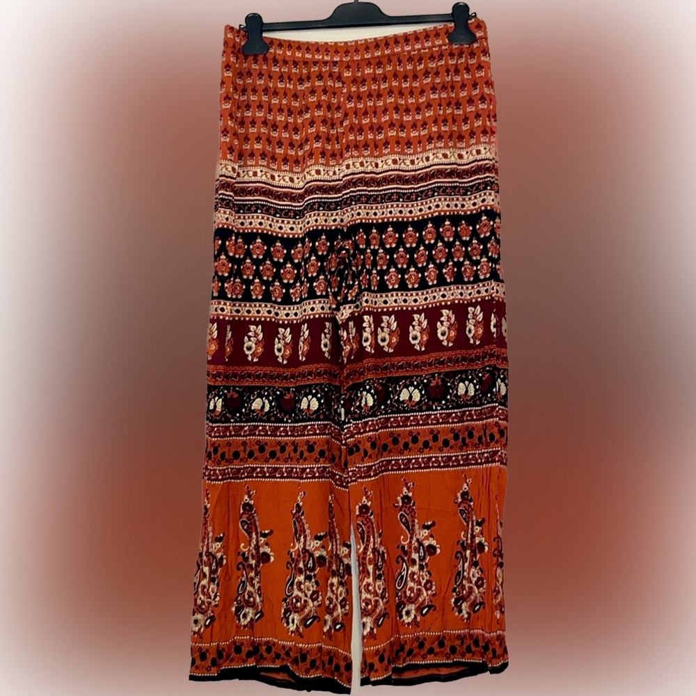 EARTHBOUND Orange and Black Wide Leg Pants with Floral Stripe Print